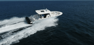 The Robalo R360 boat model on the open water with waves
