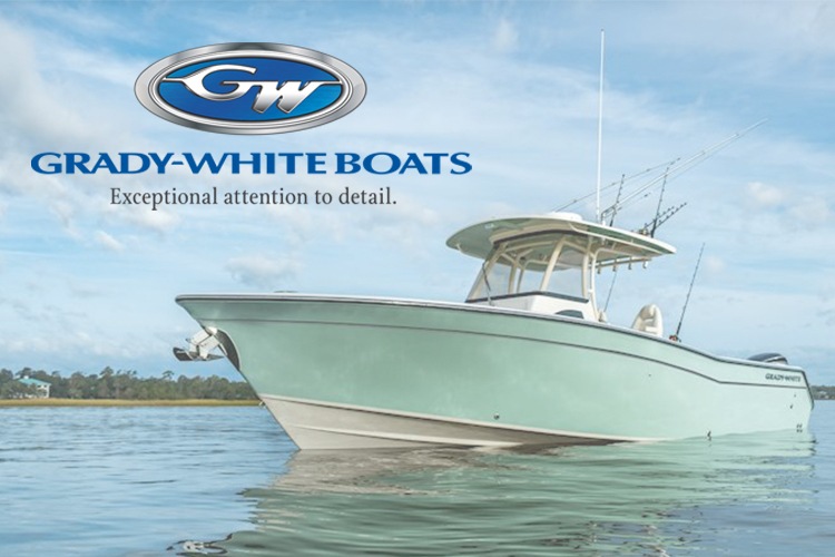 Image Grady-White Boats Recognizes Success of Fish Tale Boats with Prestigious Admiral’s Circle Award for Model Year 2021 canyon 306 grady-white 30-foot center console and the grady white logo in the corner